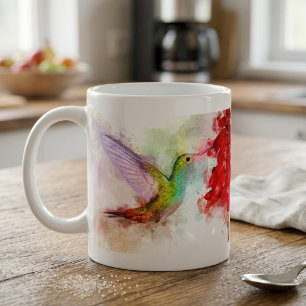 Mug Colibri à l'aquarelle se nourrissant de fleur roug