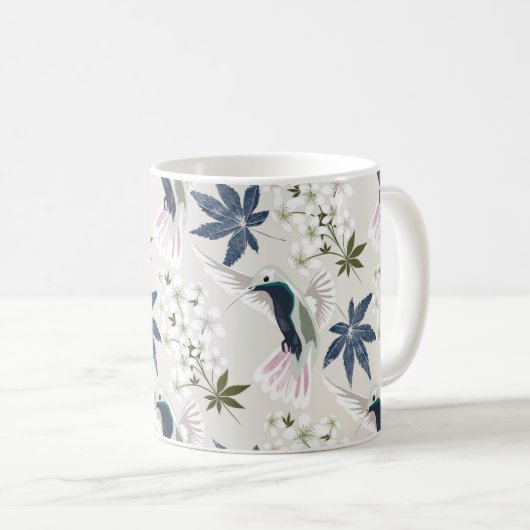 Mug Colibris et fleurs blanches. (Devant droit)