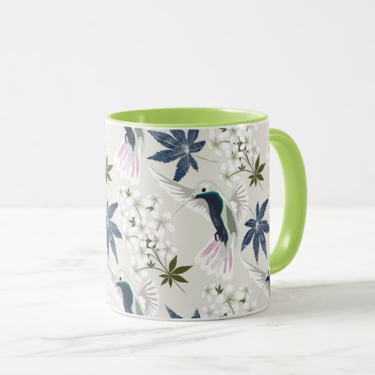 Mug Colibris et fleurs blanches. (Devant droit)