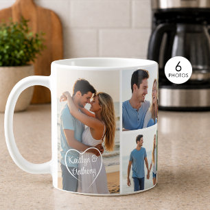 Mug Collage de 6 photos de coeurs avec noms pour amour