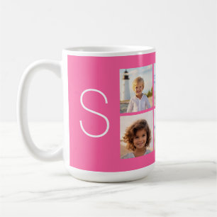 Mug Collage de photos Instagram rose vif avec monogram