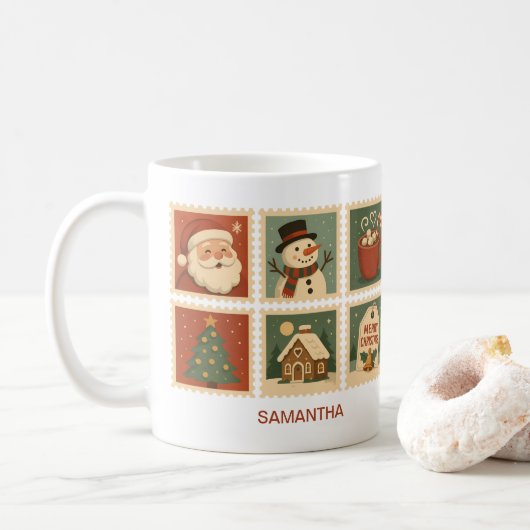 Mug Collage de timbre de Noël rétroactif personnalisé (Avec donut)