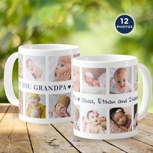 Mug Collage Moderne de 12 Photos Bleu J'Taime Papi