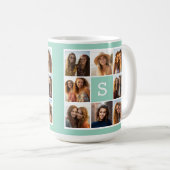 Mug Collage photo avec monogramme en blanc et menthe (Devant droit)