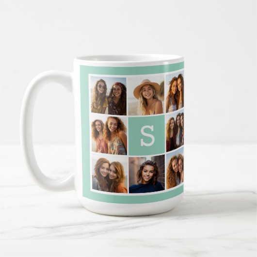 Mug Collage photo avec monogramme en blanc et menthe (Gauche)