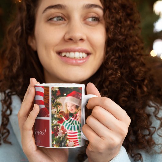 Mug Collage photo de Noël 5 avec nom de famille, rouge