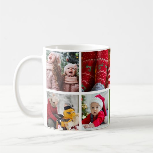 Mug Collage photo de Noël 5 avec nom de famille, vert (Gauche)