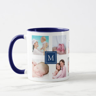 Mug Collage photo personnalisé 10 Monogramme bleu fon