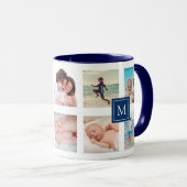 Mug Collage photo personnalisé 10 Monogramme bleu fonc (Devant droit)