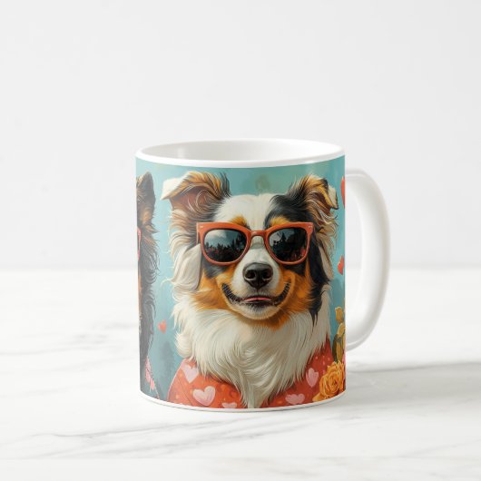 Mug Collie à poil long avec des roses du cœur pour la (Devant droit)