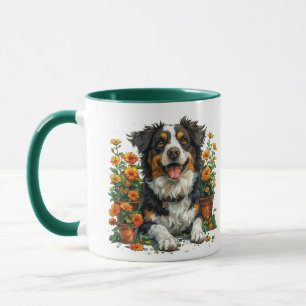 Mug Collie Bordure Mignonne En Fleurs