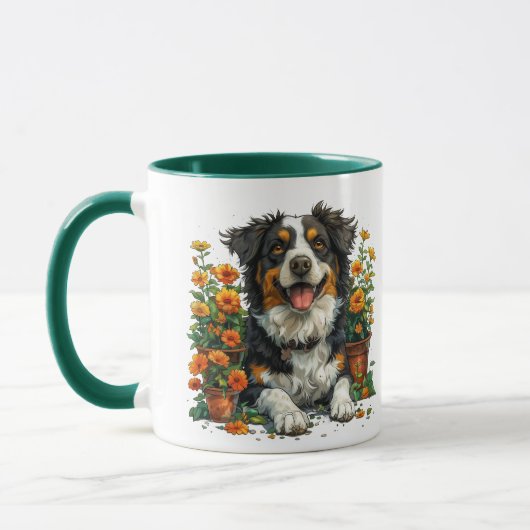 Mug Collie Bordure Mignonne En Fleurs (Gauche)