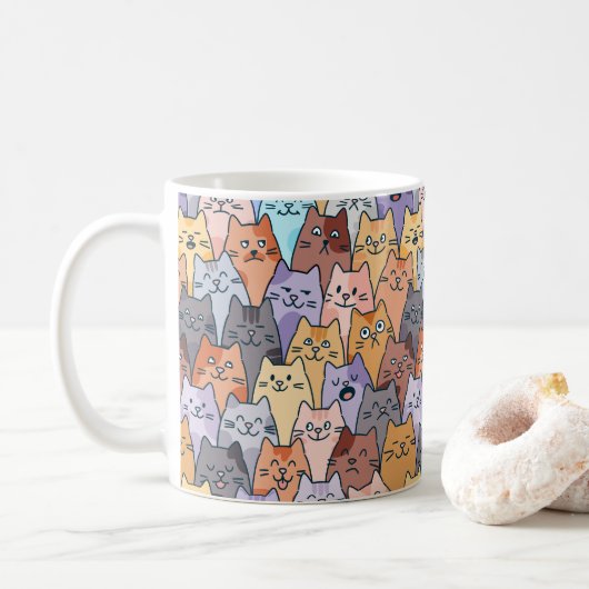 Mug Colorful Cute Cat Crowd Pattern Whimsical Cat Face (Avec donut)