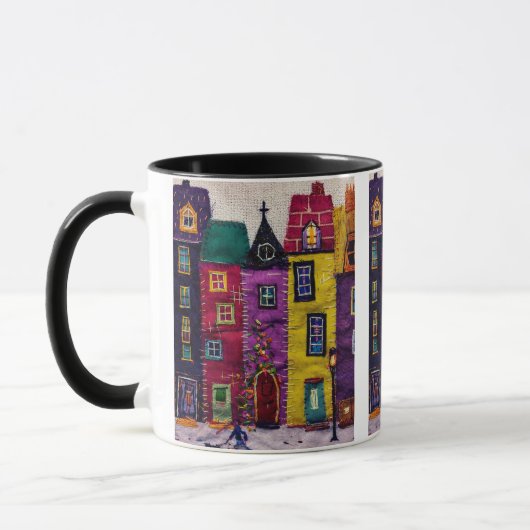 Mug Colorful Patchwork Houses Textile Art (Gauche)