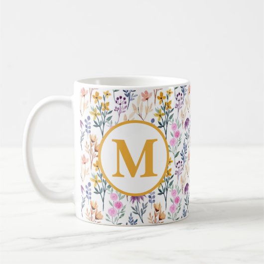 Mug Colorful Spring Flower Watercolor Pattern Monogram (Gauche)