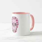 Mug Combo du crâne, Art crâne floral rose (Devant droit)