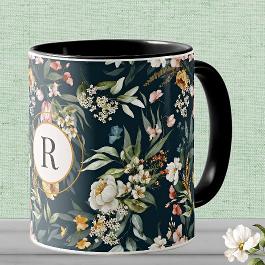 Mug Combo Monogramme initial, Vintage aquarelle floral