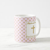 Mug Communion rose avec Pois d'or (Devant droit)