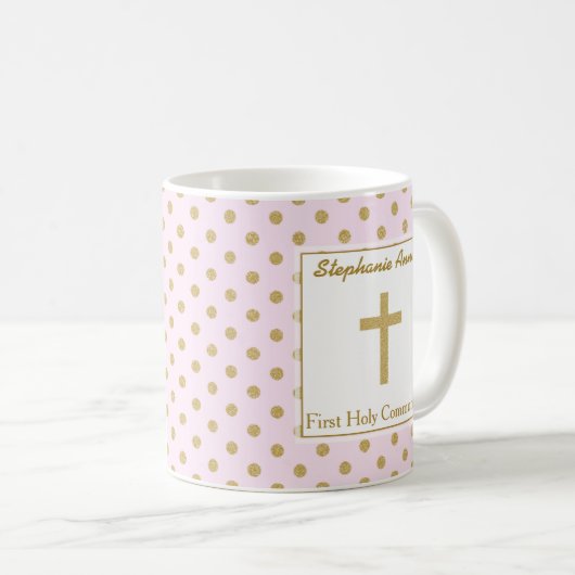 Mug Communion rose avec Pois d'or (Devant droit)