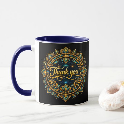Mug Conception de mandala élégant "Merci" doré avec Lu (Avec donut)