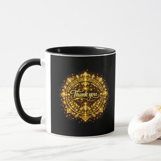 Mug Conception de mandala élégante dorée "Merci" avec (Avec donut)