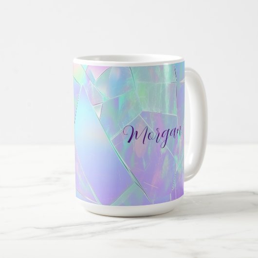 Mug Conception turquoise et violette Iridescente, nom  (Devant droit)