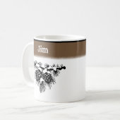 Mug Cônes de pin enneigés noir et blanc avec nom (Devant gauche)