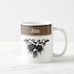 Mug Cônes de pin enneigés noir et blanc avec nom