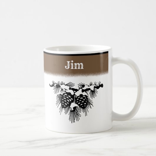 Mug Cônes de pin enneigés noir et blanc avec nom (Droite)