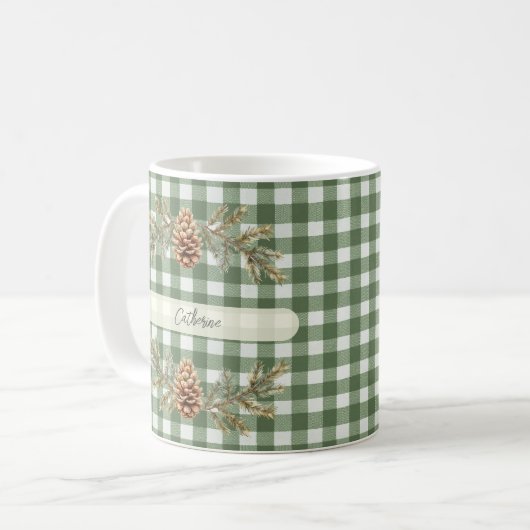 Mug Cônes et branches de pin En vichy personnalisées (Devant gauche)
