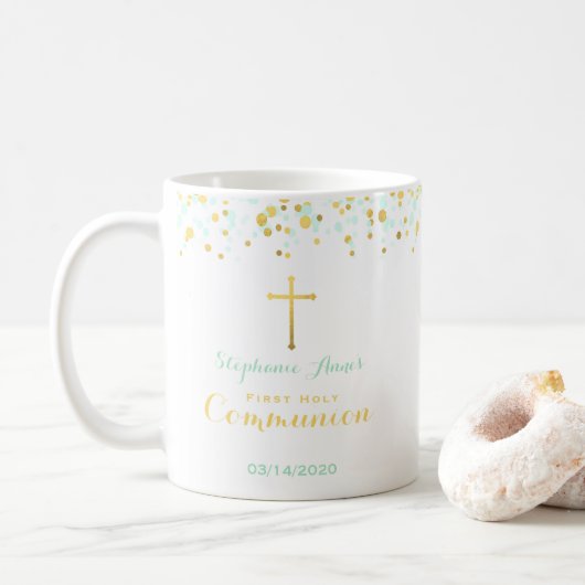 Mug Confettis de menthe et d'or de communion (Avec donut)