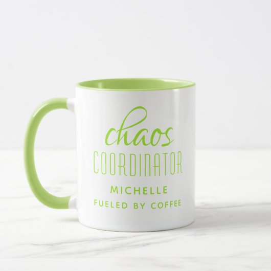 Mug Coordinateur Chaos Typographie verte Personnalisée (Gauche)