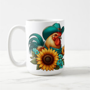 Mug Coq avec chapeau sarcelle et tournesols