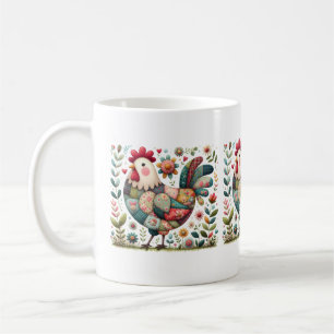 Mug Coq en patchwork folklorique avec accents floraux