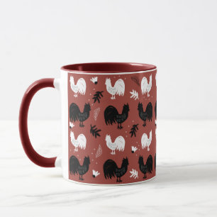 Mug Coqs Dessinés à la Main Motif Floral de Ferme