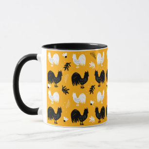 Mug Coqs Dessinés à la Main Motif Floral de Ferme