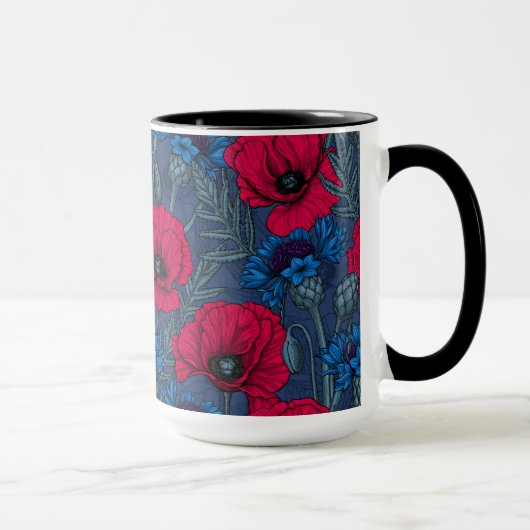 Mug Coquelicots rouges et fleurs bleues sur bleu (Droite)