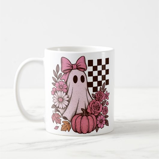 Mug Coquette rose rétro Fille fantôme avec Bow Hallowe (Gauche)