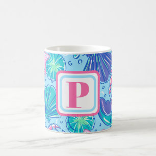 Mug Coquillages et crabes côtiers Monogramme Bleu Clai
