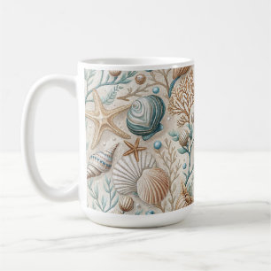 MUG COQUILLES BROWNS VERT BLANC ET FEUILLAGE AQUATIQUE