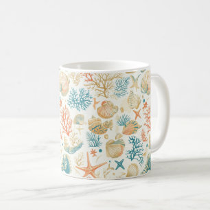 Mug Coquilles Fantaisistes & Corail avec Accents Bleus