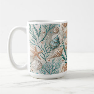 MUG COQUILLES MARINES ET FEUILLAGE AQUATIQUE BRUN VERT