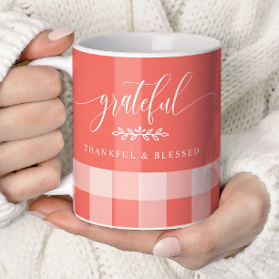 Mug Corail et carreaux blancs Grateful Thankful Blesse