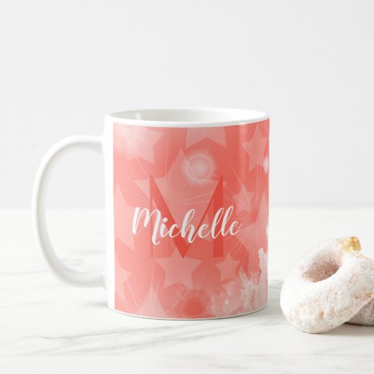 Mug Coral rose Stars motif Moderne Chic Monogramme Nom (Avec donut)