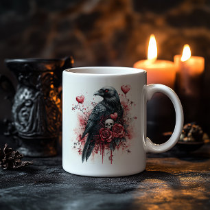 Mug Corbeau gothique aux fleurs, crâne et Coeurs.