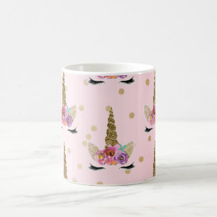 Mug Corne florale de licorne moderne pailletée rose et