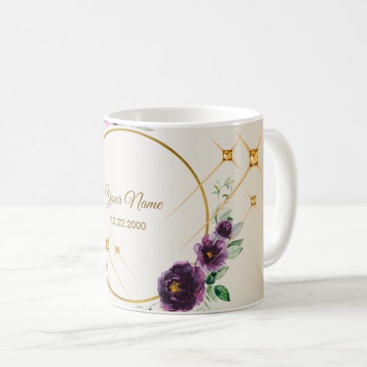 Mug Cortège de Mariage Violet Rose Floral Vert Doré (Devant droit)