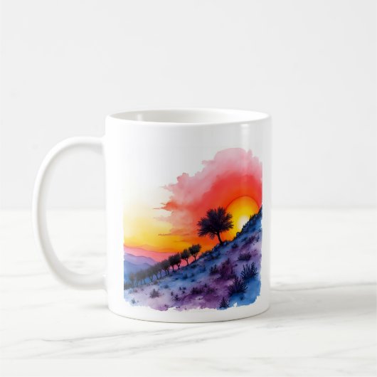 Mug Coteau de coucher de soleil avec aquarelle d'arbre (Gauche)