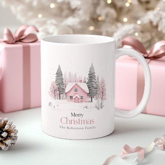 Mug Cottage d'hiver rose Noël