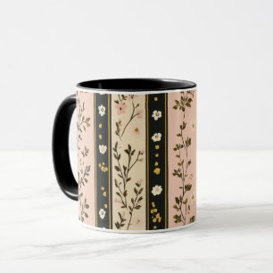Mug Cottagecore Vintage Fleur Rose Or Noir Rayure Flor